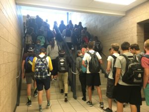 Stair congestion starting after the school start bell rings
